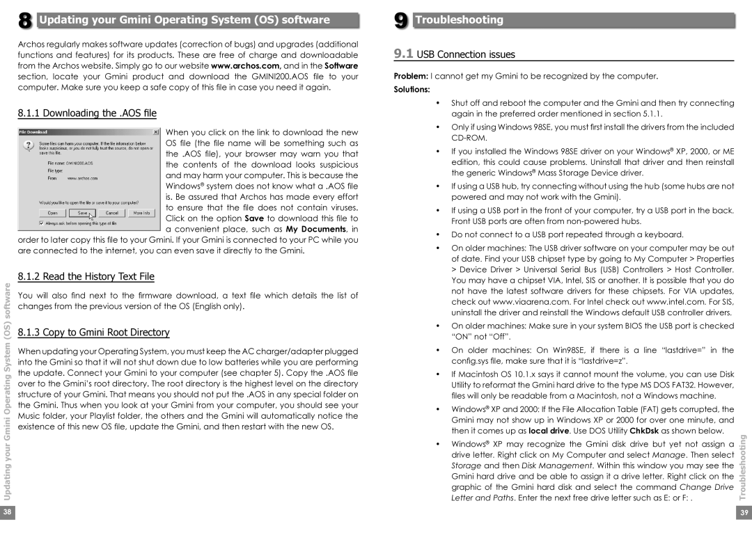 Archos Gmini200 user manual Updating your Gmini Operating System OS software, Troubleshooting 