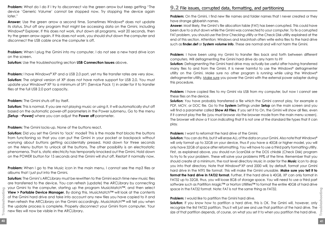 Archos Gmini200 user manual File issues, corrupted data, formatting, and partitioning, Troubleshooting 