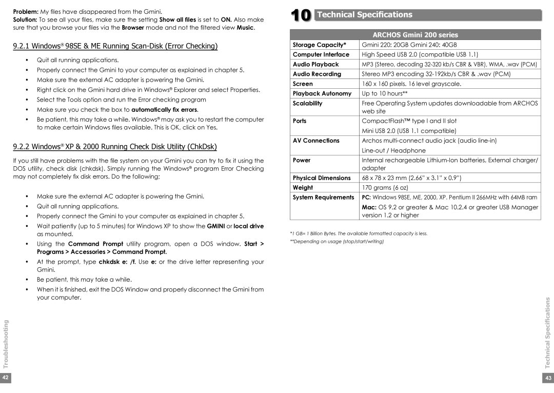 Archos Gmini200 Technical Speciﬁcations, Windows 98SE & ME Running Scan-Disk Error Checking, Archos Gmini 200 series 