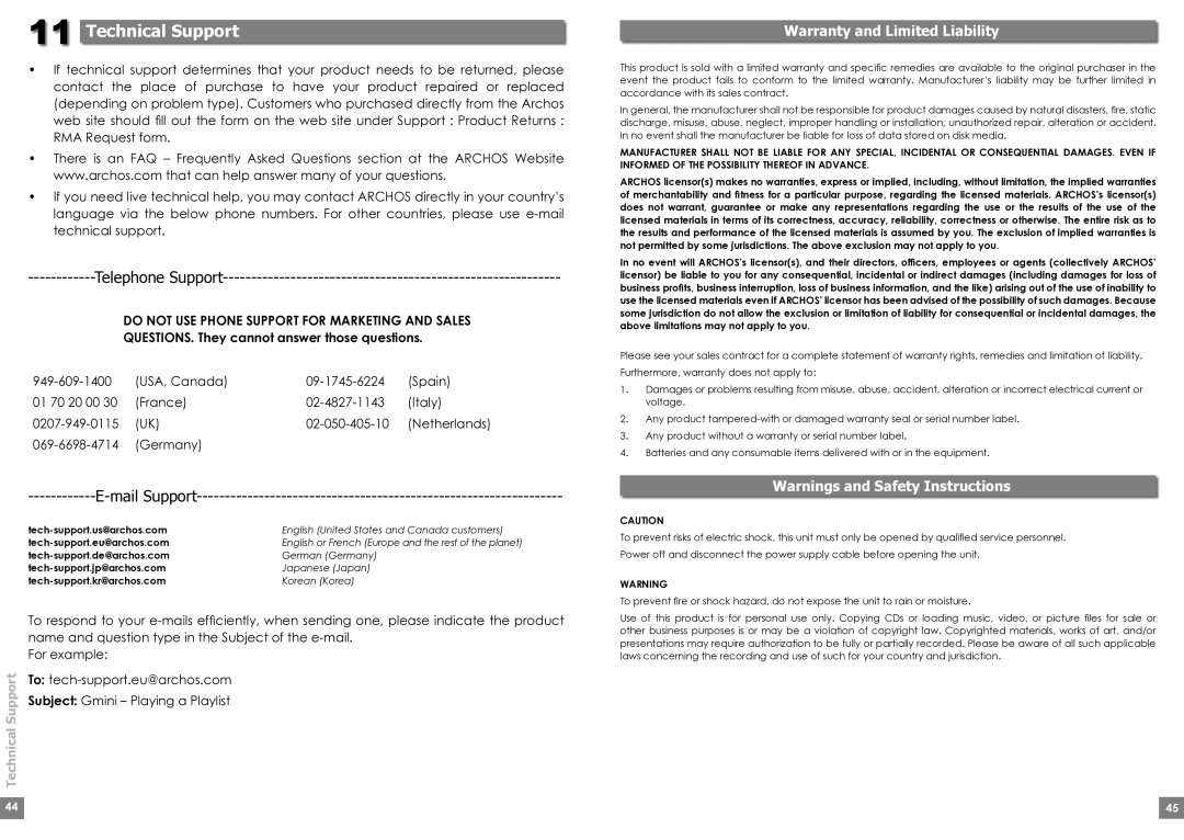 Archos Gmini200 user manual Technical Support, Telephone Support, Mail Support, Warranty and Limited Liability 