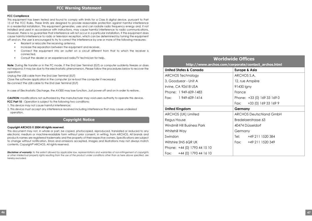 Archos Gmini200 user manual Worldwide Ofﬁces, FCC Warning Statement, Copyright Notice, United States & Canada Europe & Asia 