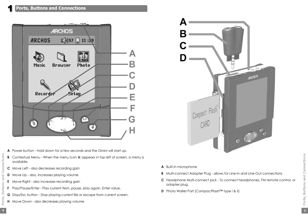 Archos Gmini200 user manual Ports, Buttons and Connections 