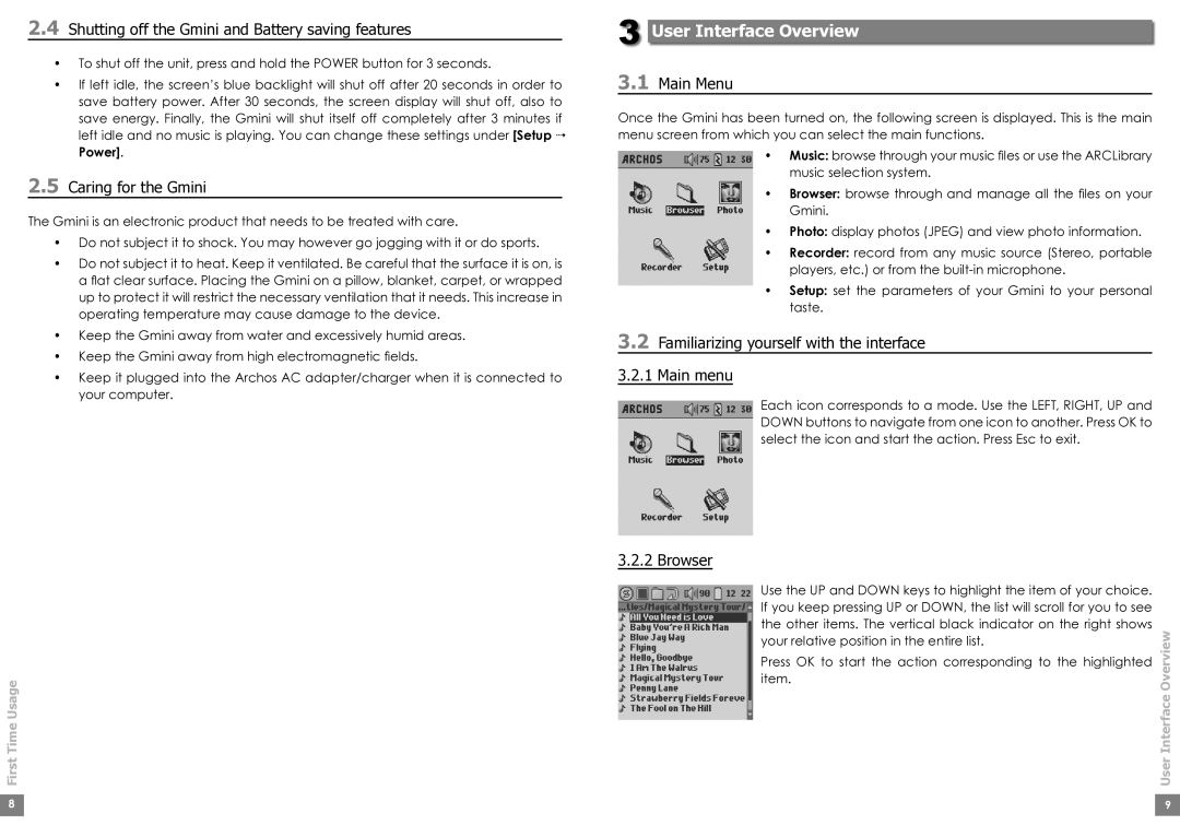 Archos Gmini200 user manual User Interface Overview 