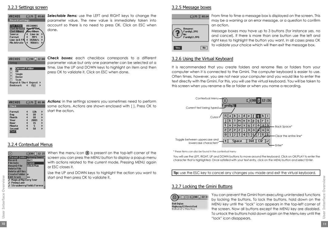 Archos Gmini200 Settings screen, Message boxes, Using the Virtual Keyboard, Contextual Menus, Locking the Gmini Buttons 