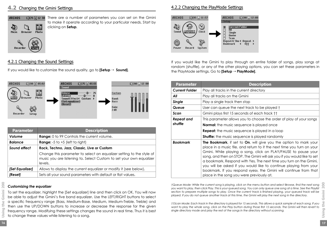 Archos Gmini200 user manual Changing the Gmini Settings, Changing the Sound Settings, Changing the PlayMode Settings 