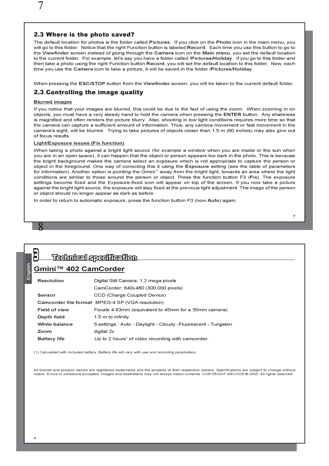 Archos GminiTM 402 Technical specification, Where is the photo saved?, Controlling the image quality, Gmini 402 CamCorder 