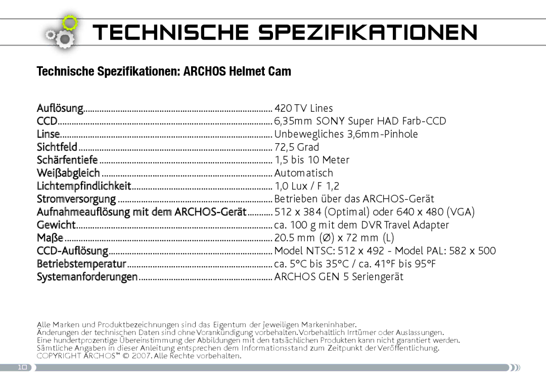 Archos Helmet Camcorder manual Technische Spezifikationen Archos Helmet Cam 