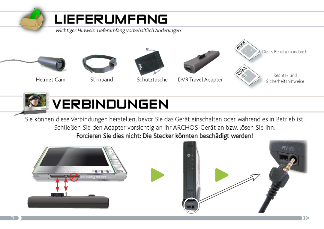 Archos Helmet Camcorder manual Lieferumfang, Verbindungen 