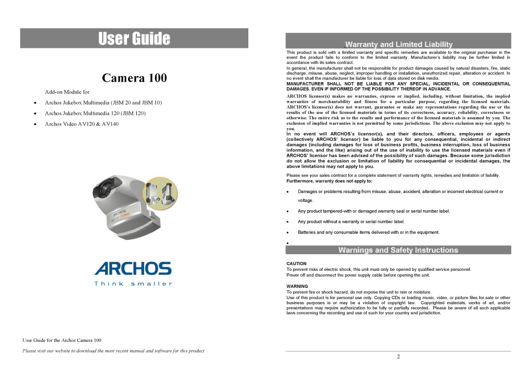 Archos JBM 10, JBM 20 warranty User Guide, Warranty and Limited Liability 