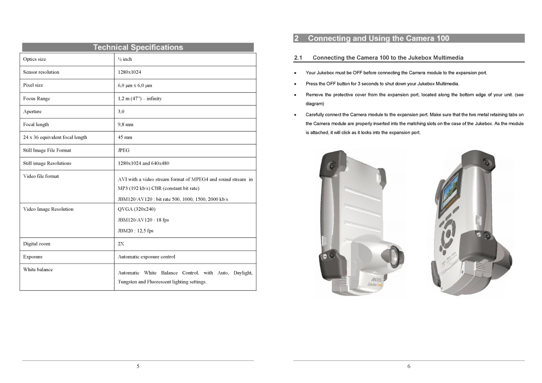 Archos JBM 10, JBM 20 warranty Technical Specifications, Connecting and Using the Camera 