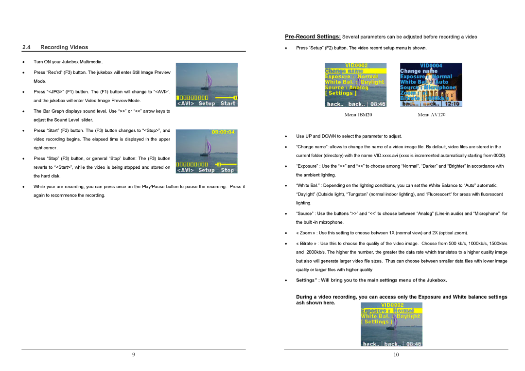 Archos JBM 10, JBM 20 warranty Recording Videos, Menu JBM20 