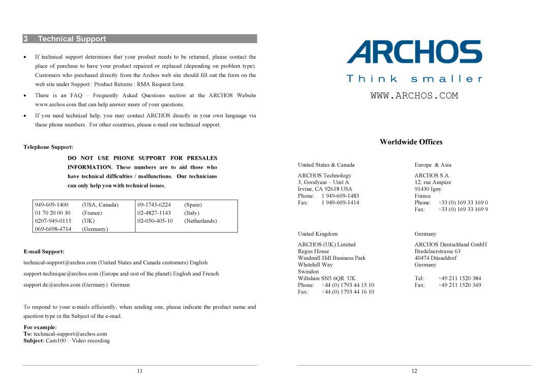 Archos JBM 20, JBM 10 warranty Technical Support, Mail Support 