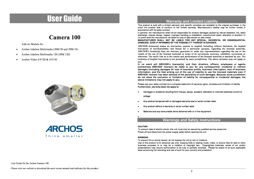 Archos JBM 10, JBM 20 warranty Warranty and Limited Liability, Warnings and Safety Instructions, User Guide, Camera 