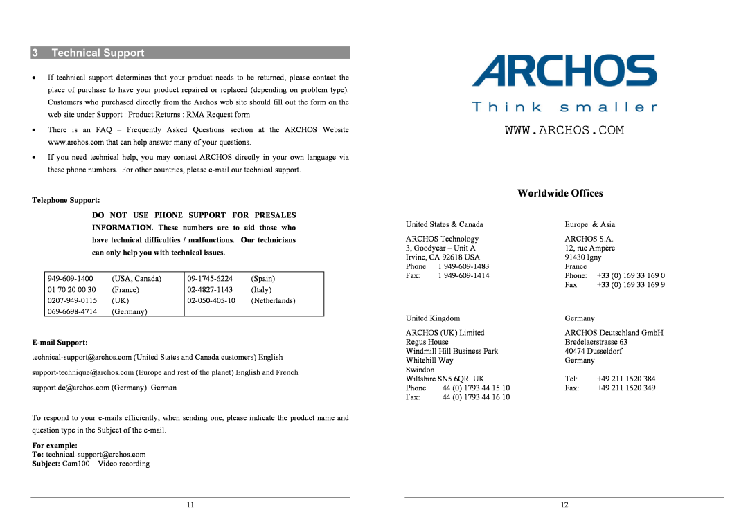 Archos JBM 20, JBM 10 warranty Technical Support, Worldwide Offices, Telephone Support, E-mail Support, For example 