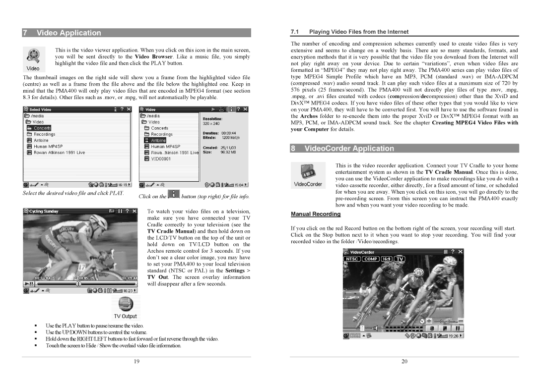 Archos PMA400TM Video Application, VideoCorder Application, Playing Video Files from the Internet, Manual Recording 