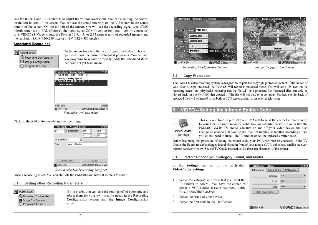 Archos PMA400TM Video Setting the Infrared Emitter Code, Scheduled Recordings, Setting other Recording Parameters 