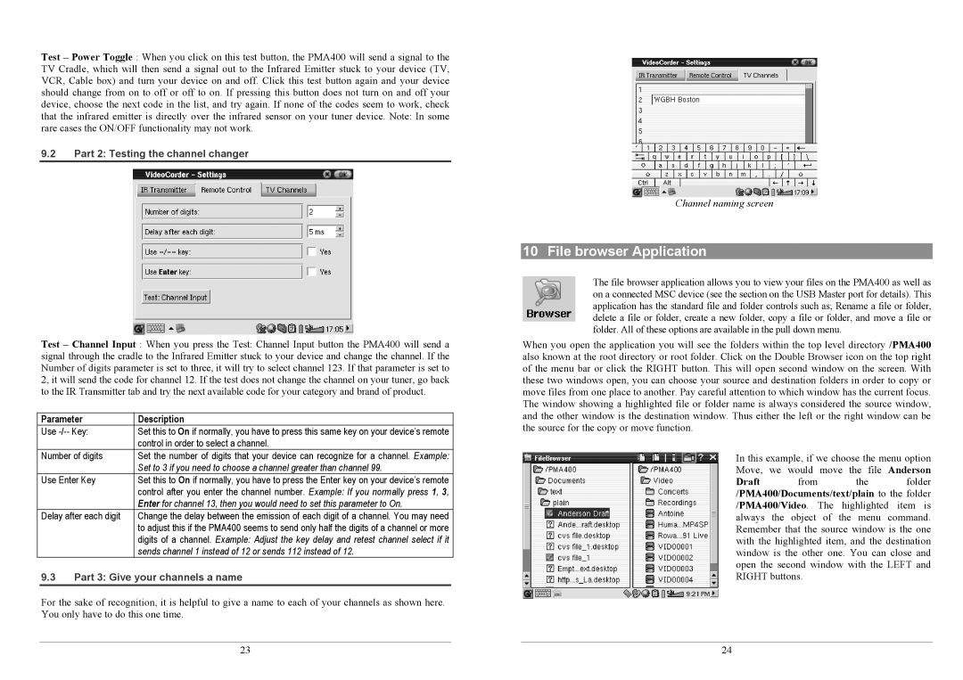 Archos PMA400TM user manual File browser Application, Part 2 Testing the channel changer, Parameter Description 