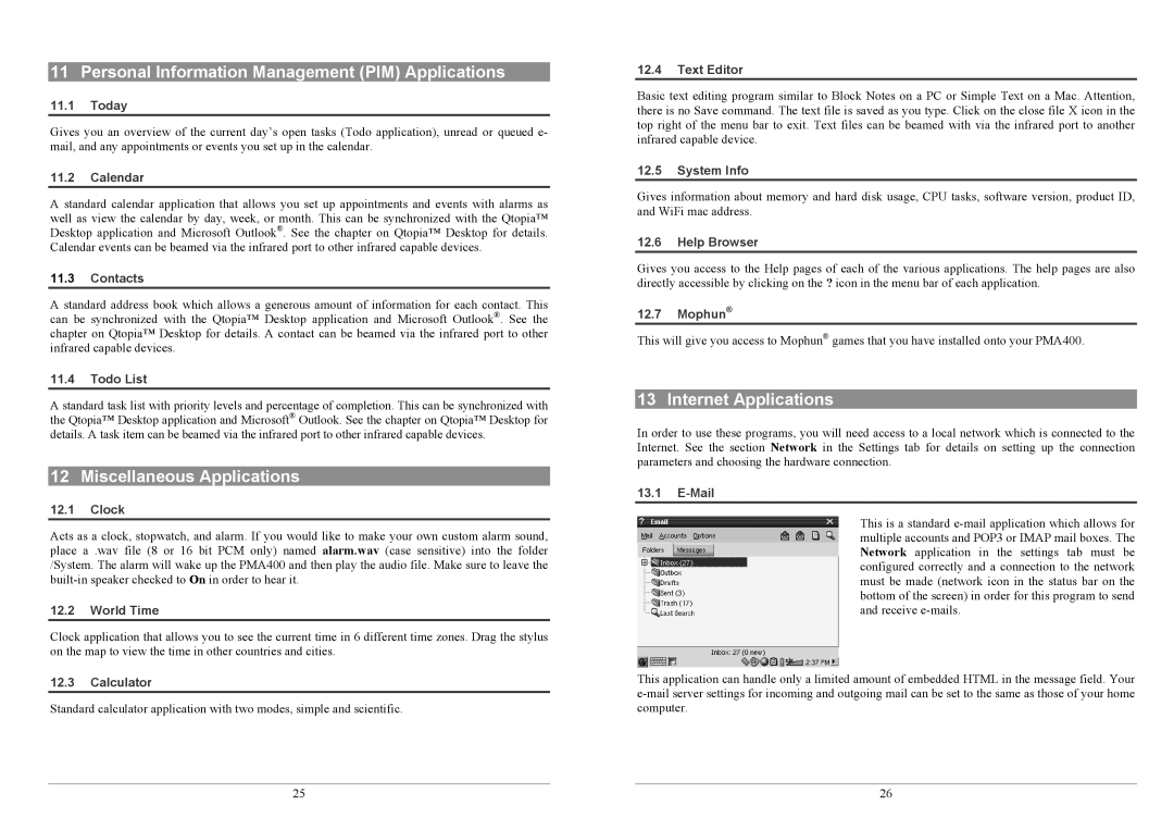 Archos PMA400TM Personal Information Management PIM Applications, Miscellaneous Applications, Internet Applications 