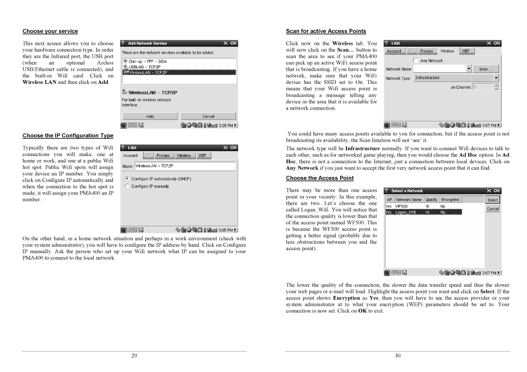 Archos PMA400TM user manual Choose your service, Choose the IP Configuration Type, Scan for active Access Points 