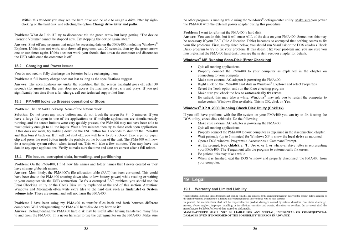 Archos PMA400TM user manual Legal, Charging and Power issues, 18.3 PMA400 locks up freezes operation or Stops 