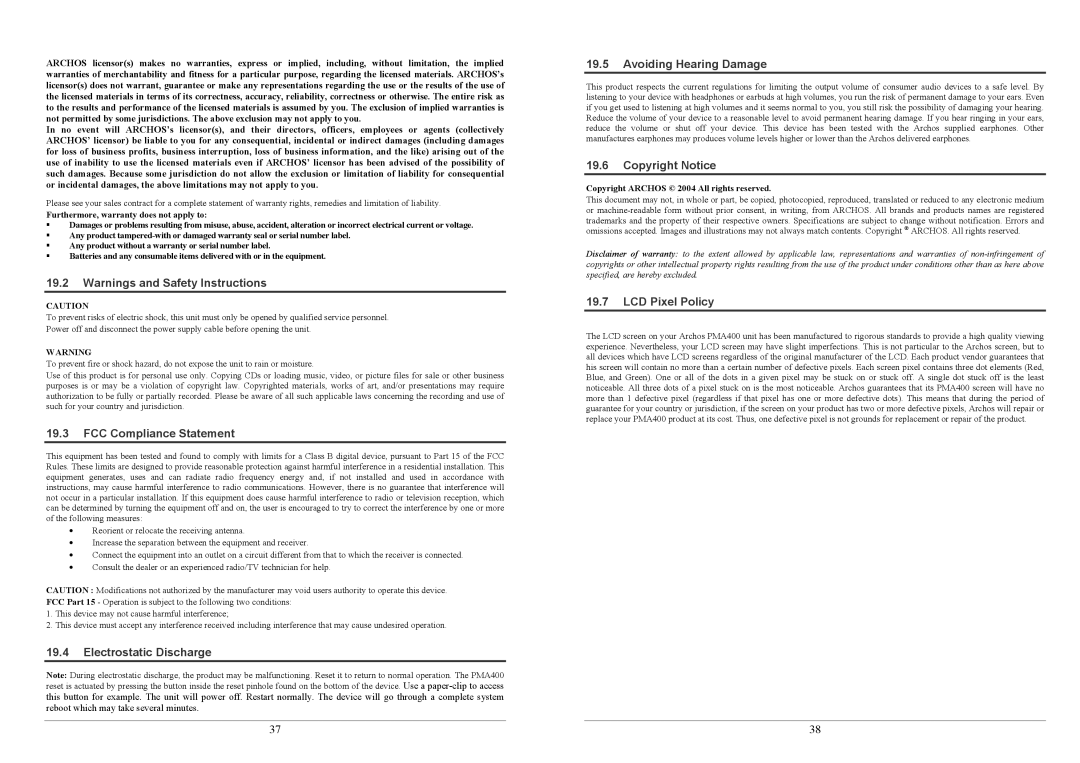 Archos PMA400TM user manual FCC Compliance Statement, Electrostatic Discharge Avoiding Hearing Damage, Copyright Notice 