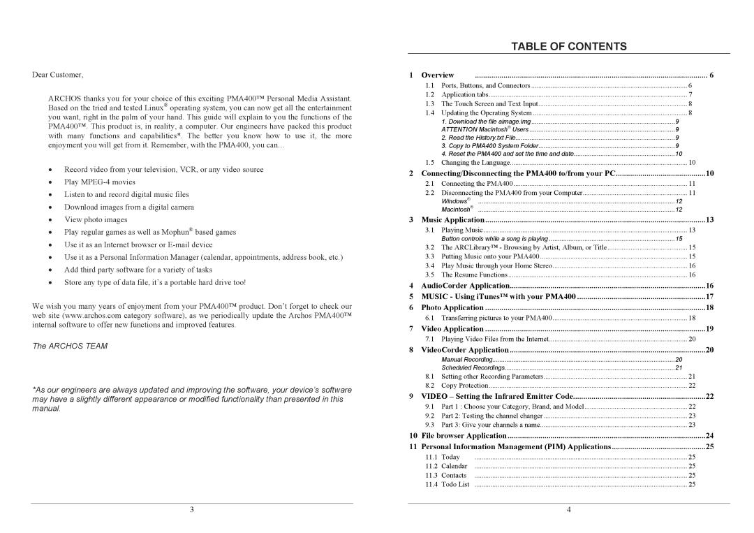 Archos PMA400TM user manual Table of Contents 