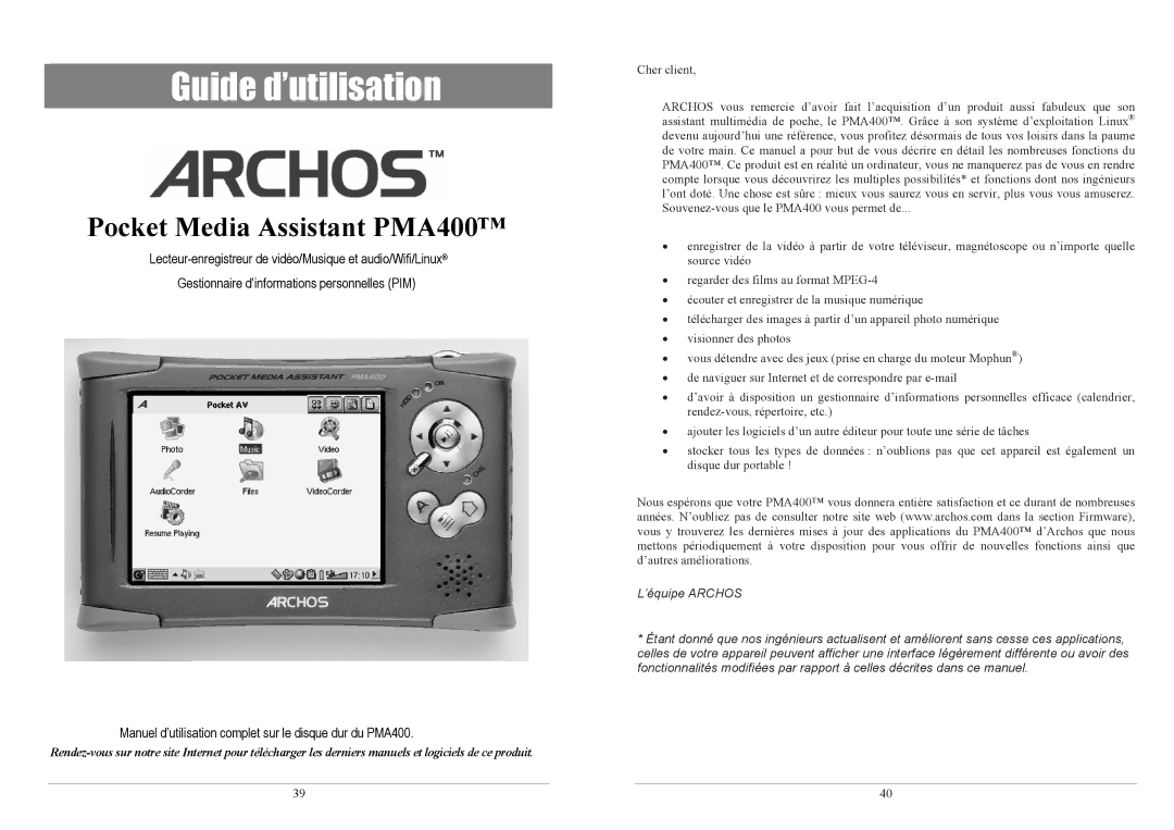 Archos PMA400TM user manual Guide d’utilisation 