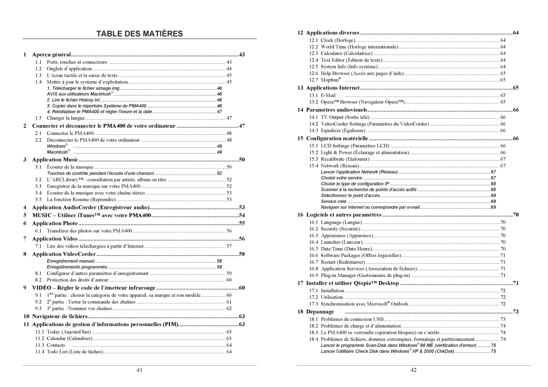 Archos PMA400TM user manual Table DES Matières 