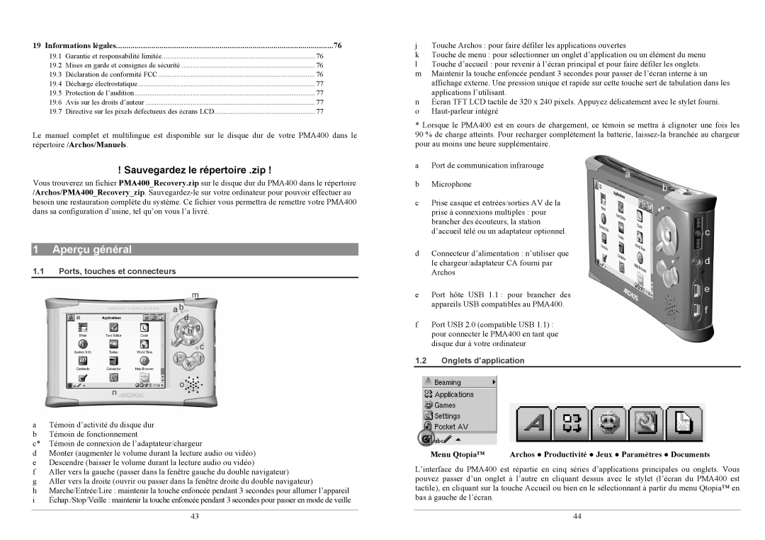 Archos PMA400TM user manual Aperçu général, Ports, touches et connecteurs, Onglets d’application, Menu Qtopia 