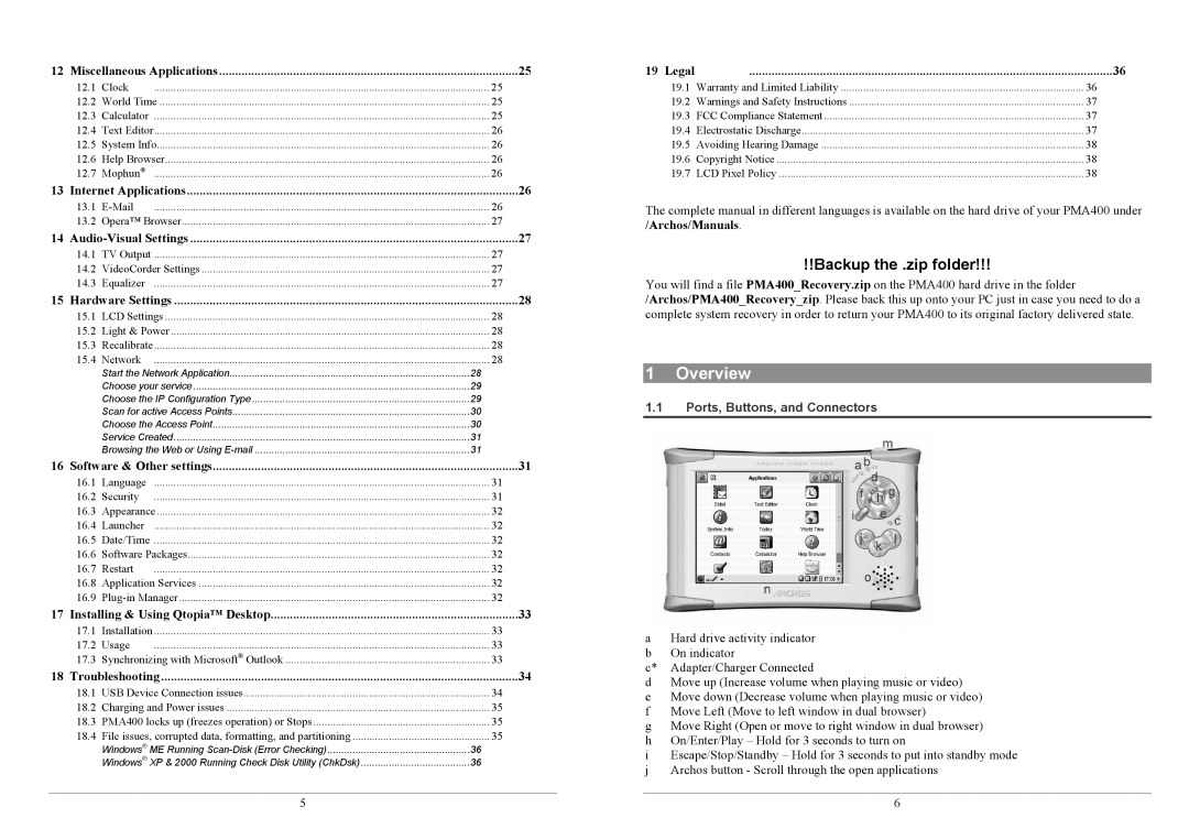 Archos PMA400TM user manual Overview, Legal, Ports, Buttons, and Connectors 