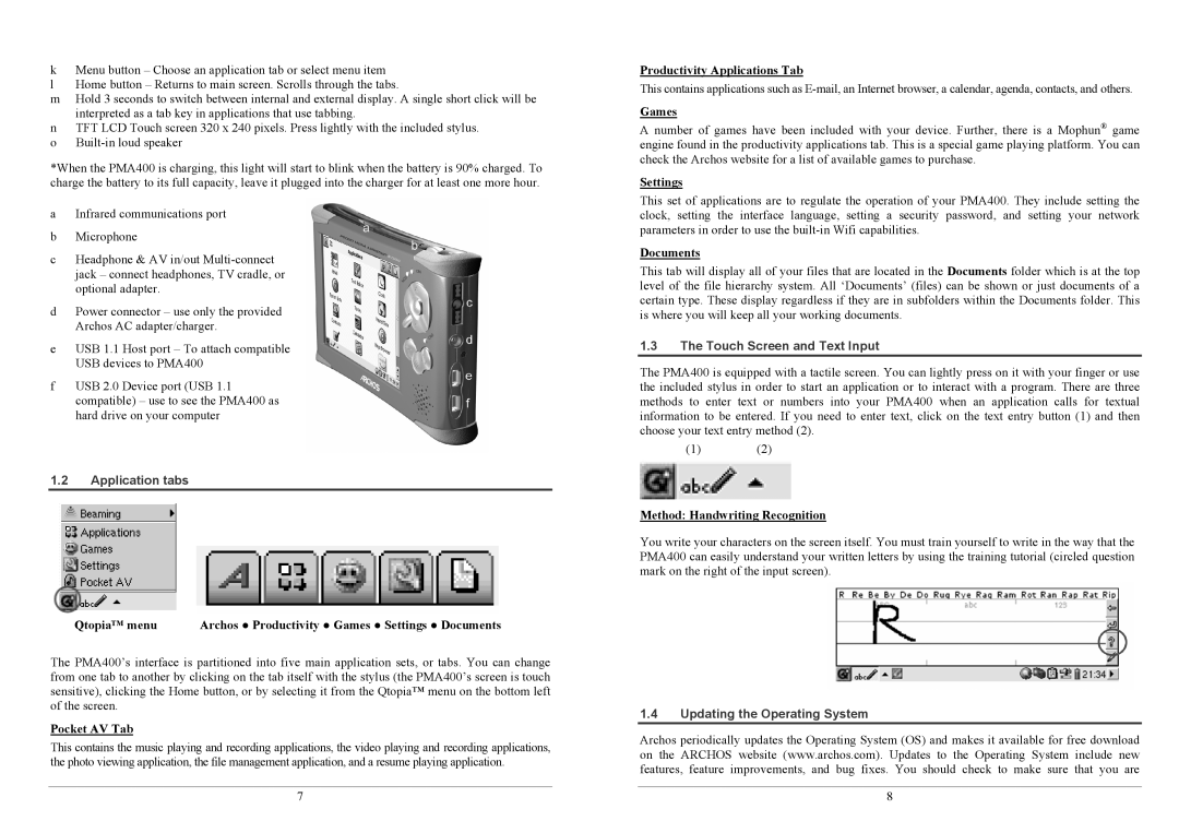 Archos PMA400TM user manual Application tabs, Touch Screen and Text Input, Updating the Operating System 