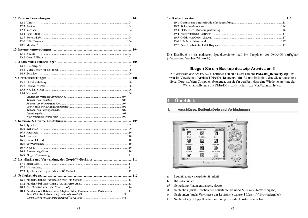 Archos PMA400TM user manual Überblick, Anschlüsse, Bedienknöpfe und Verbindungen 