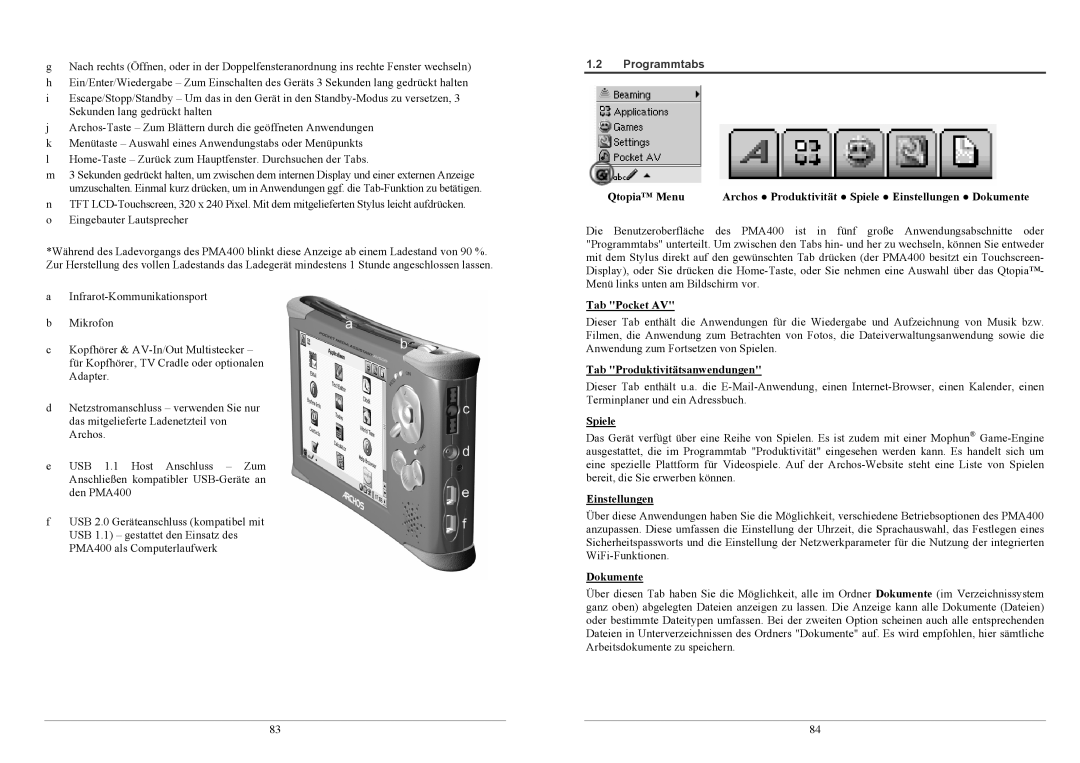 Archos PMA400TM user manual Programmtabs 