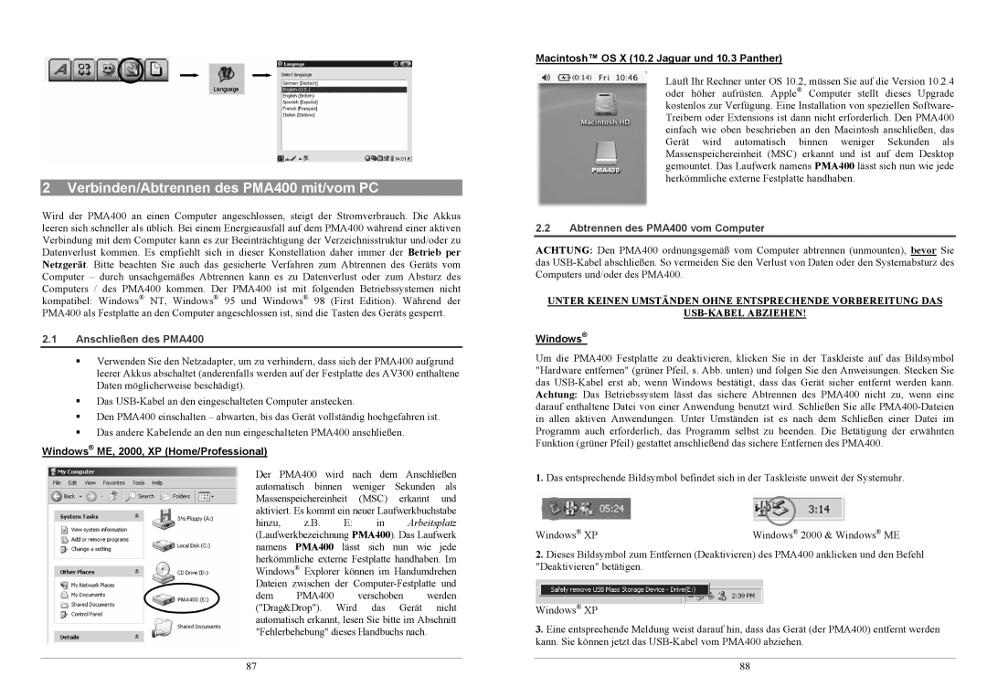 Archos PMA400TM Verbinden/Abtrennen des PMA400 mit/vom PC, Anschließen des PMA400, Abtrennen des PMA400 vom Computer 