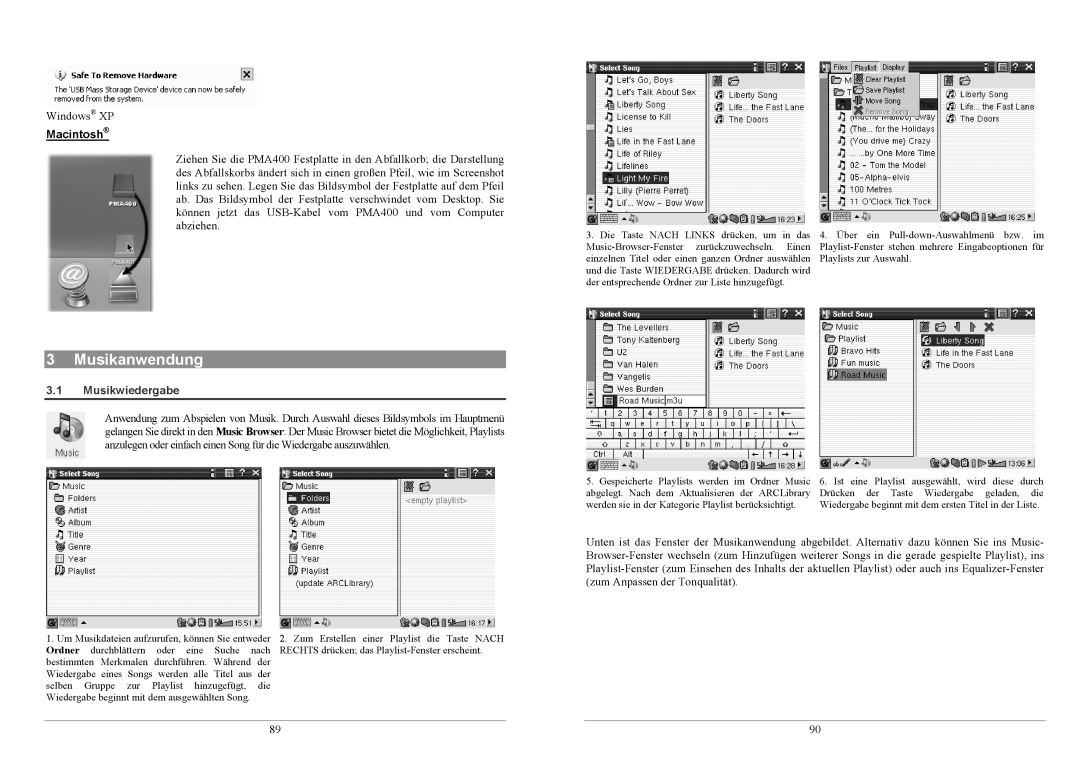 Archos PMA400TM user manual Musikanwendung, Musikwiedergabe 