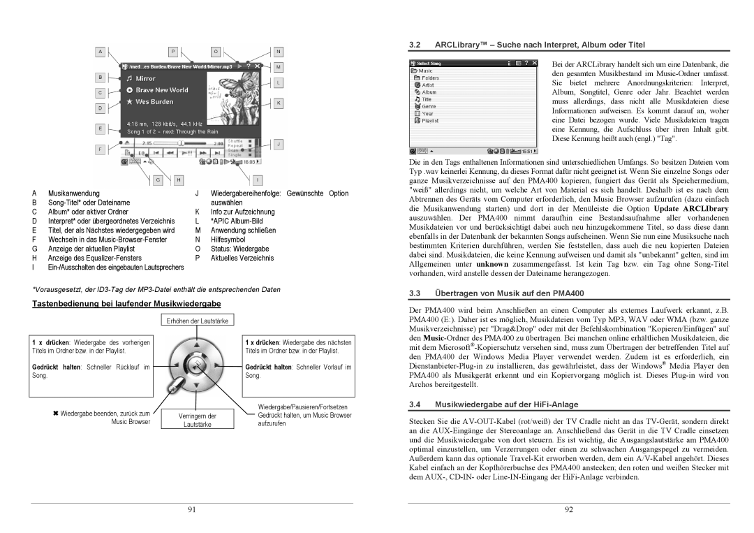 Archos PMA400TM user manual ARCLibrary Suche nach Interpret, Album oder Titel, Übertragen von Musik auf den PMA400 