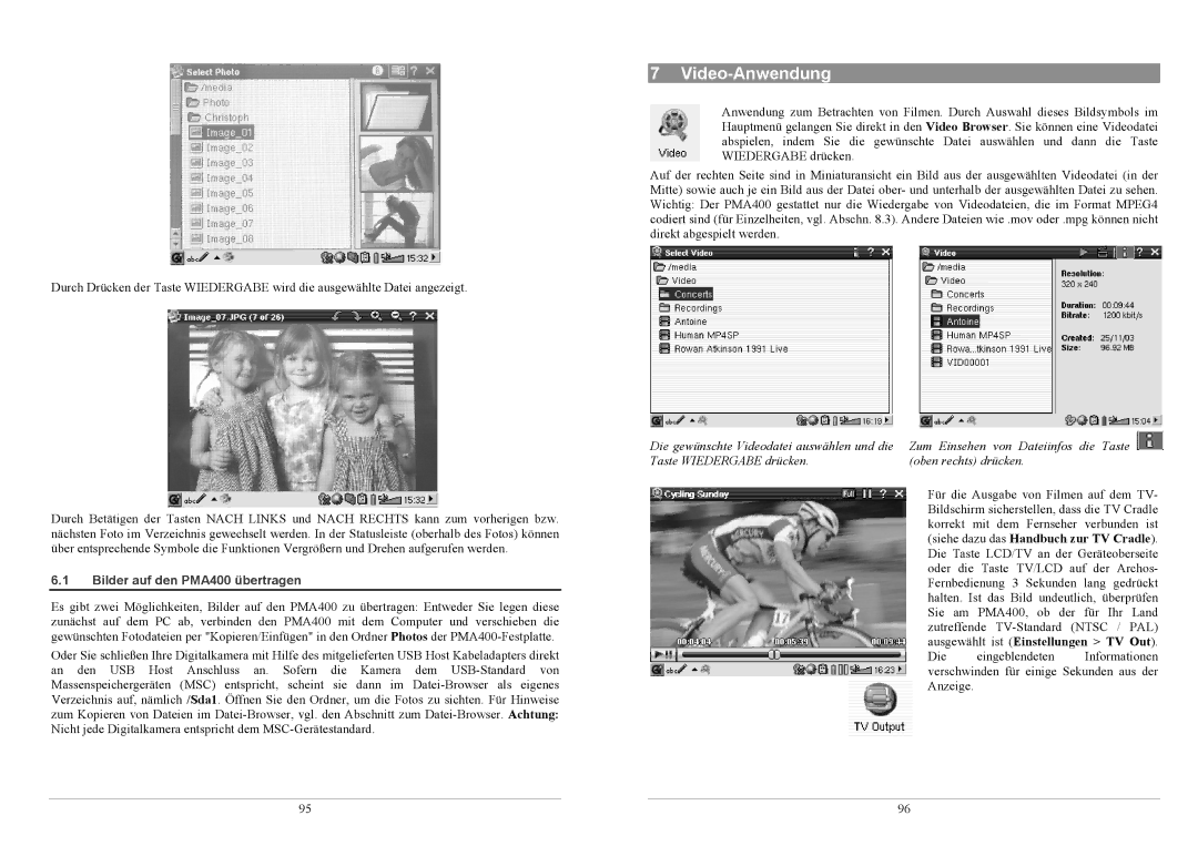 Archos PMA400TM user manual Video-Anwendung, Bilder auf den PMA400 übertragen 