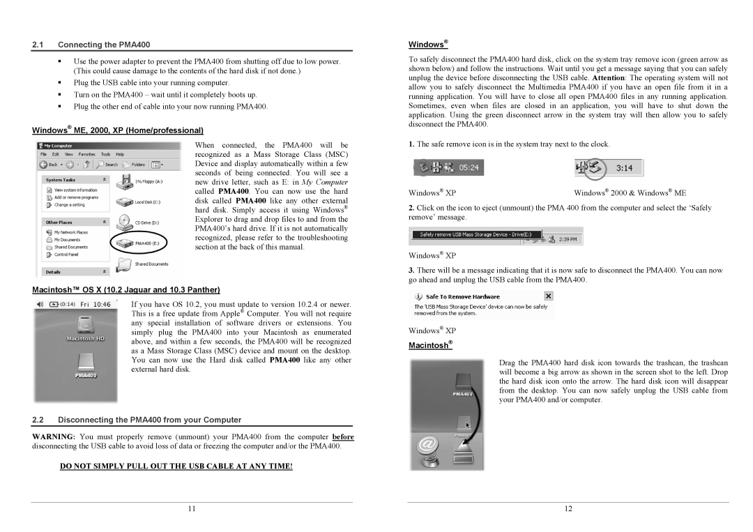 Archos PMA400TM user manual Connecting the PMA400, Disconnecting the PMA400 from your Computer 