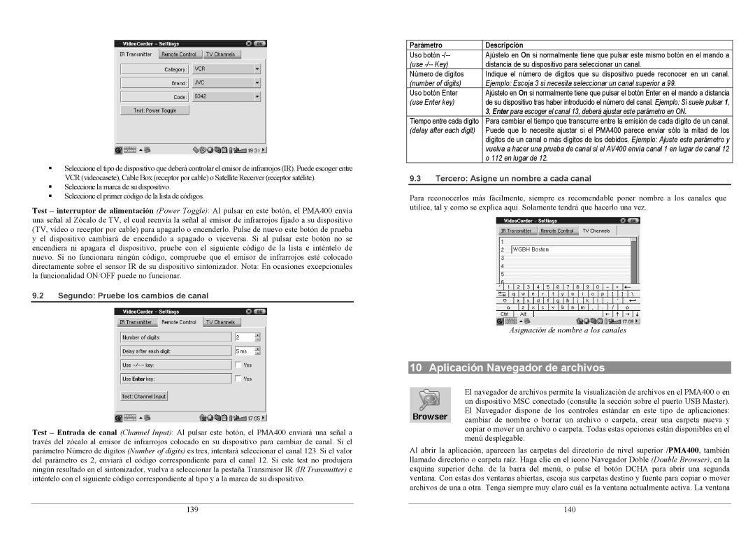 Archos PMA400TM user manual Aplicación Navegador de archivos, Segundo Pruebe los cambios de canal, Parámetro Descripción 