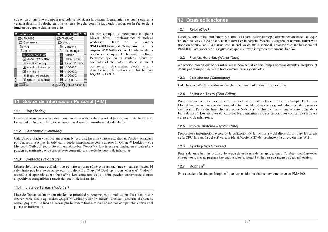 Archos PMA400TM user manual Gestor de Información Personal PIM, Otras aplicaciones 