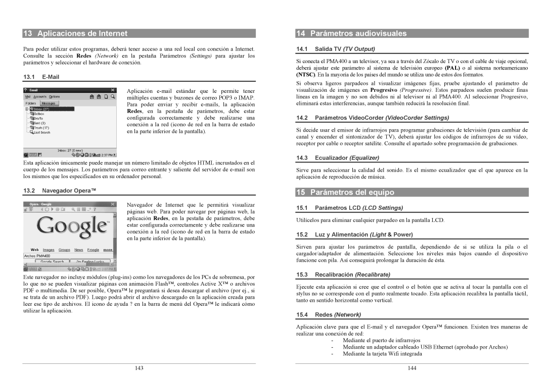 Archos PMA400TM user manual Aplicaciones de Internet, 14 Parámetros audiovisuales, 15 Parámetros del equipo 