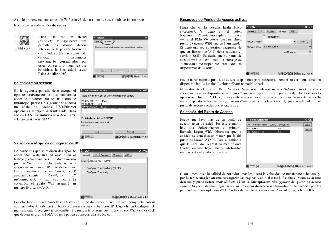 Archos PMA400TM Inicio de la aplicación de redes, Seleccione su servicio, Seleccione el tipo de configuración IP 