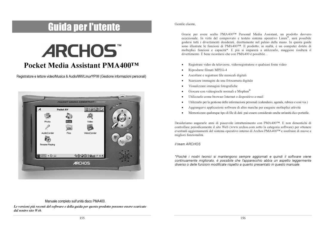 Archos PMA400TM user manual Guida per lutente 