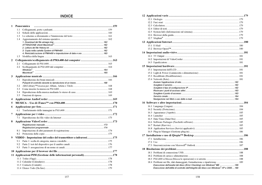 Archos PMA400TM user manual 159, 163, 166, 169, 170, 171, 172, 173, 175, 177, 178, 179, 180, 181, 184, 186, 188 