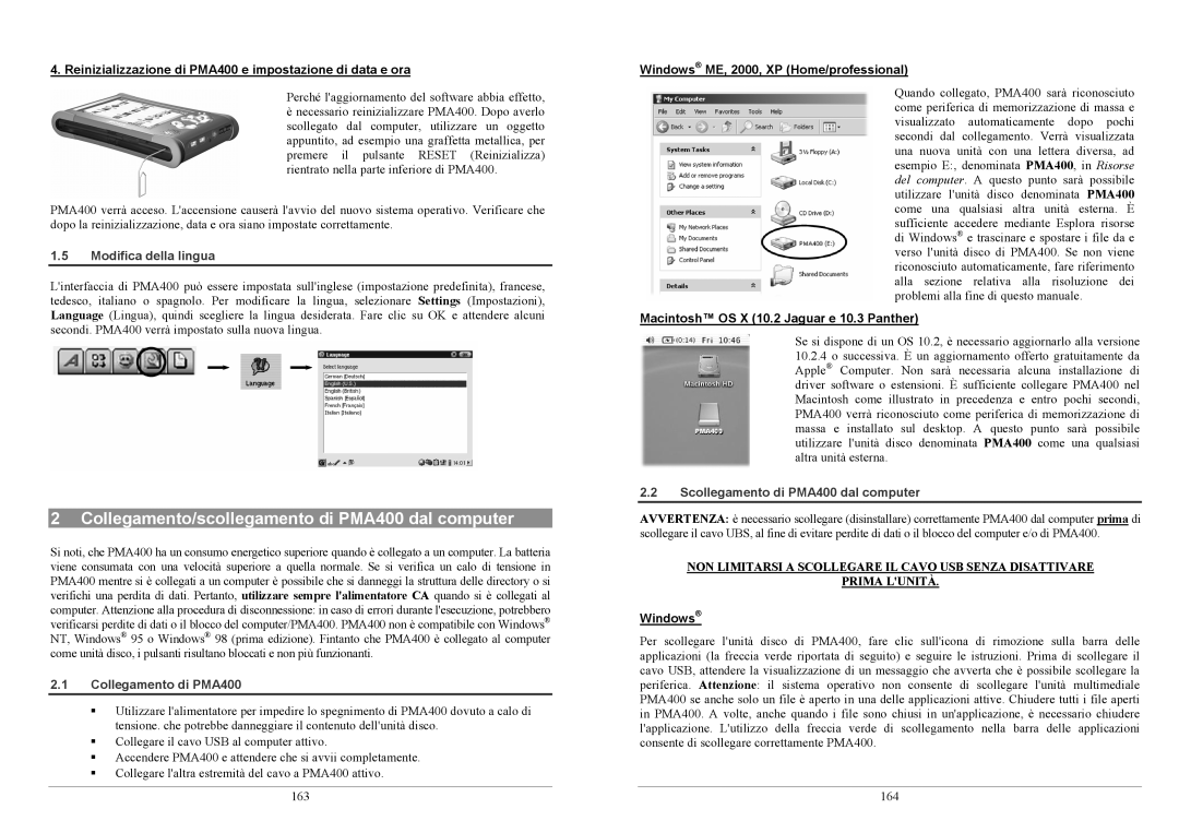 Archos PMA400TM Collegamento/scollegamento di PMA400 dal computer, Modifica della lingua, Collegamento di PMA400 