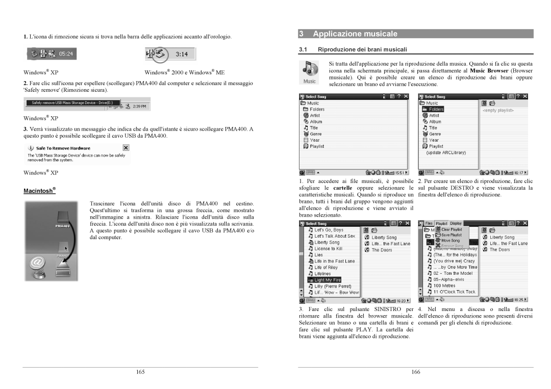 Archos PMA400TM user manual Applicazione musicale, Riproduzione dei brani musicali 