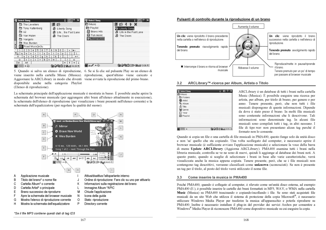 Archos PMA400TM Pulsanti di controllo durante la riproduzione di un brano, ARCLibrary-ricerca per Album, Artista o Titolo 