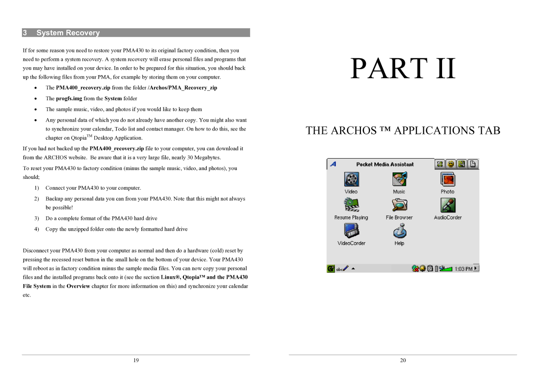 Archos PMA430TM user manual System Recovery, PMA400recovery.zip from the folder /Archos/PMARecoveryzip 