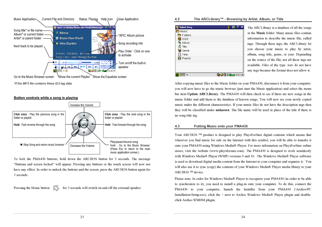 Archos PMA430TM user manual ARCLibrary Browsing by Artist, Album, or Title, Button controls while a song is playing 