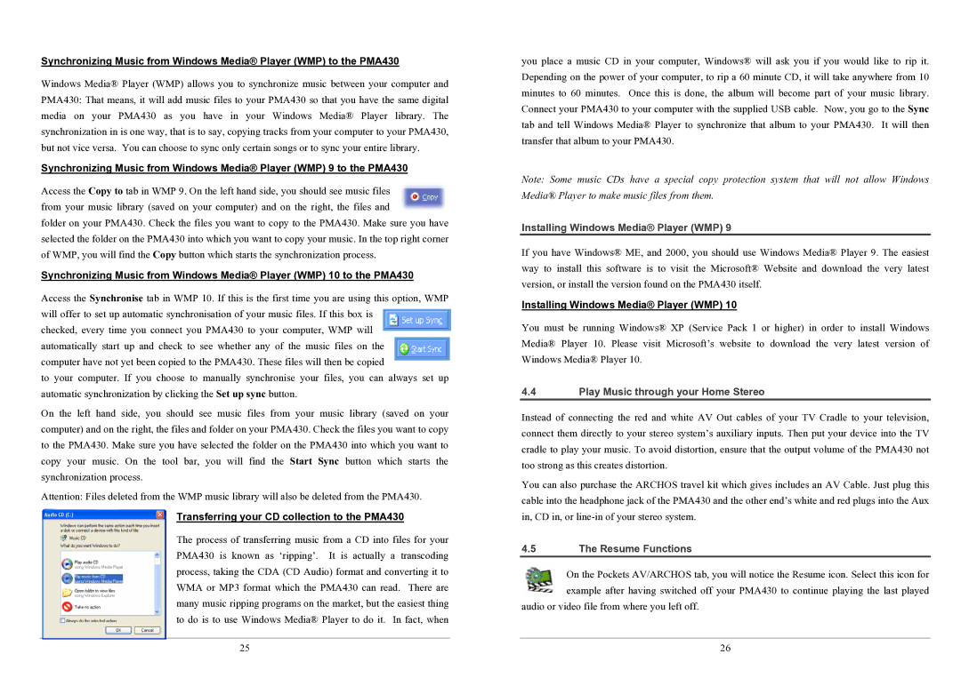 Archos PMA430TM Transferring your CD collection to the PMA430, Installing Windows Media Player WMP, Resume Functions 